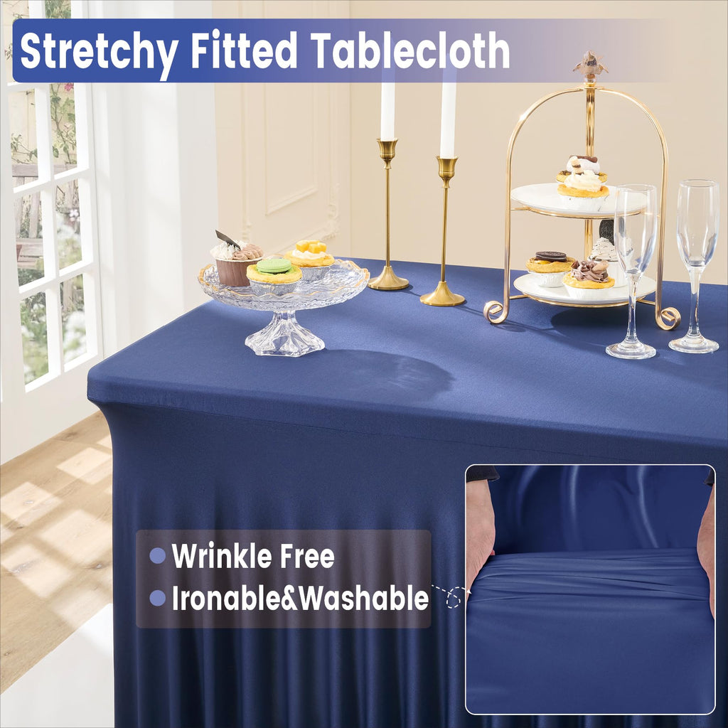Spandex Tablecloth 8FT Rectangle Table Cover 6 Pcs Navy Blue Wrinkle-Free