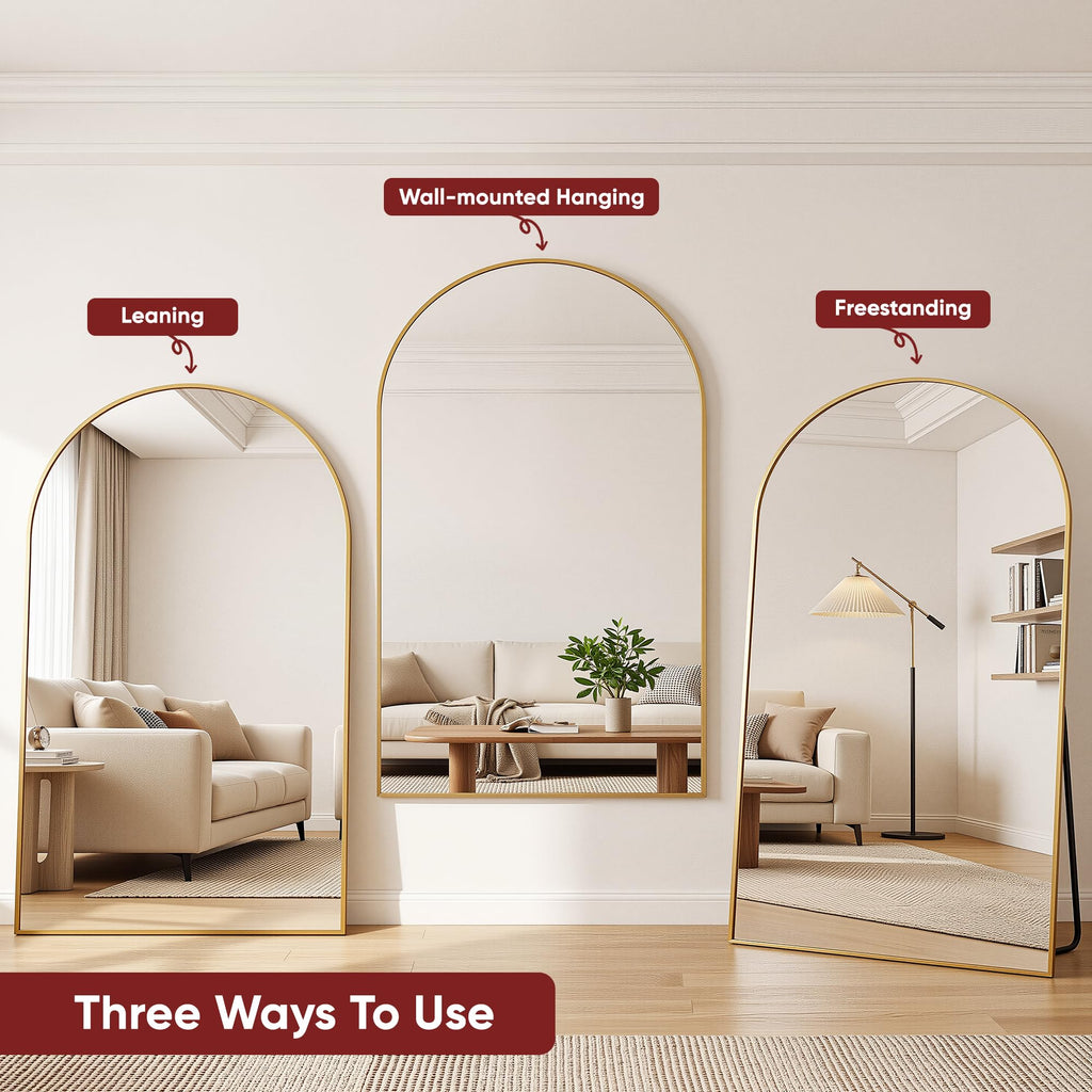 72" x 44" Arched Full Length Floor Mirror, Aluminum Frame, Gold