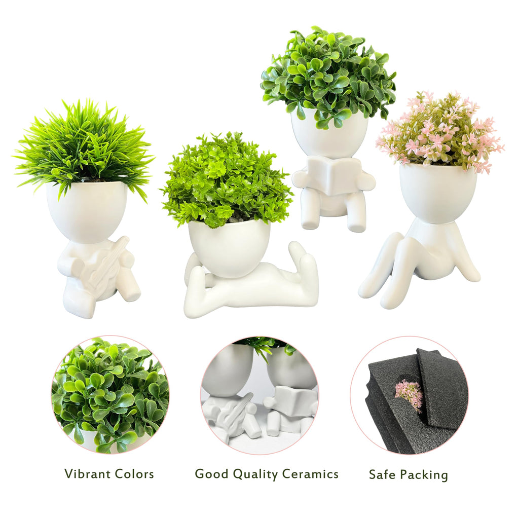 4 Packs Creative Small Fake Plants Artificial Succulents in Ceramic Human Shaped Pots Cute Office Plants For Desk