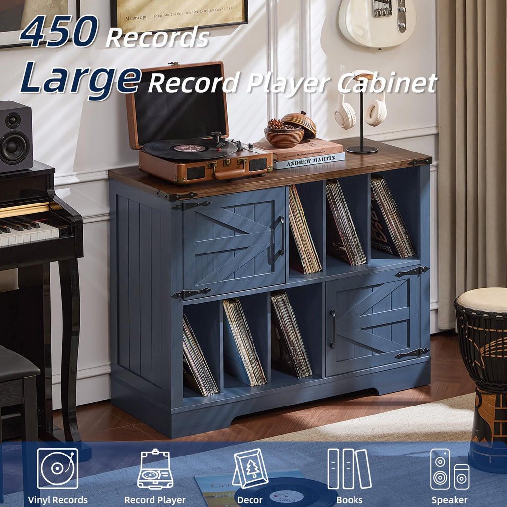 Large Record Player Stand with Vinyl Storage Up to 450 Albums, 39 Inch Farmhouse Wood Navy Blue Vinyl Records Storage