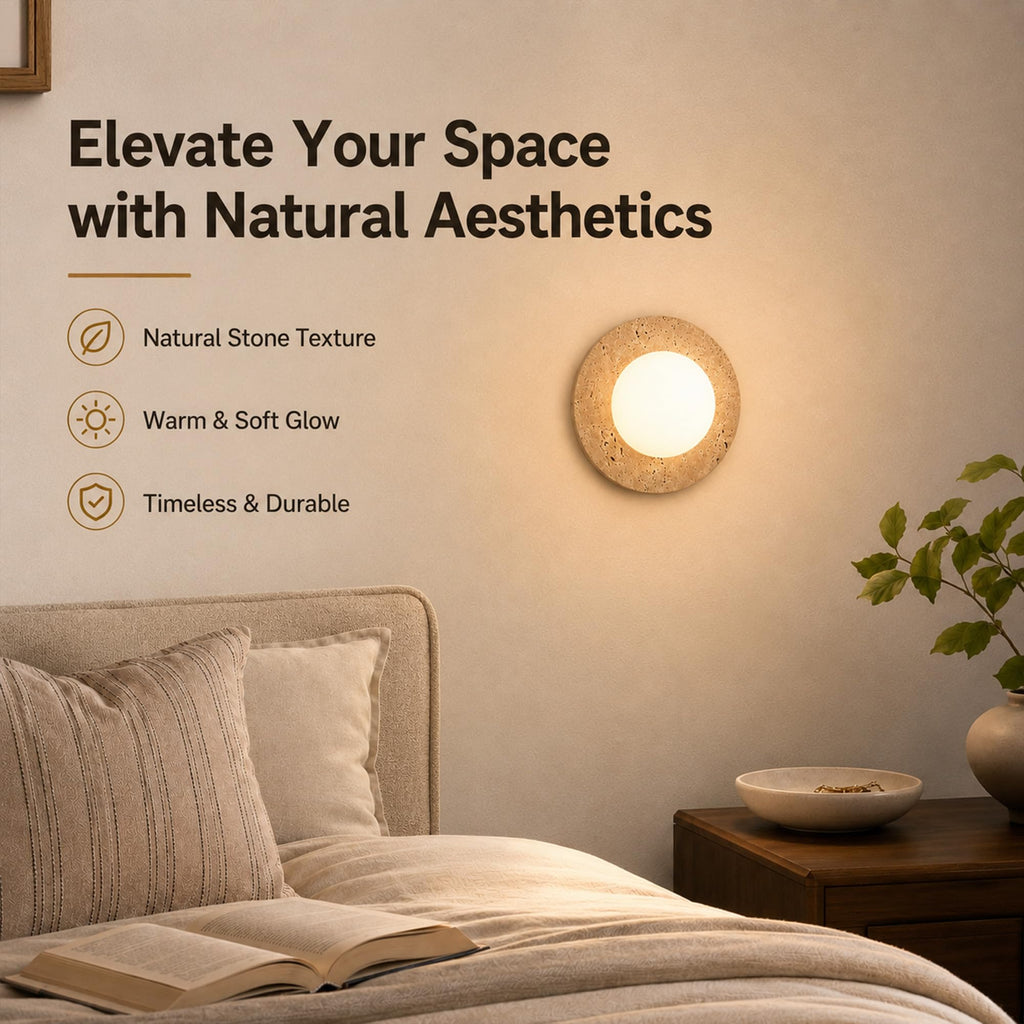 7.9-Inch Travertine Wall Sconce, Wabi Sabi Glass Globe Wall Light