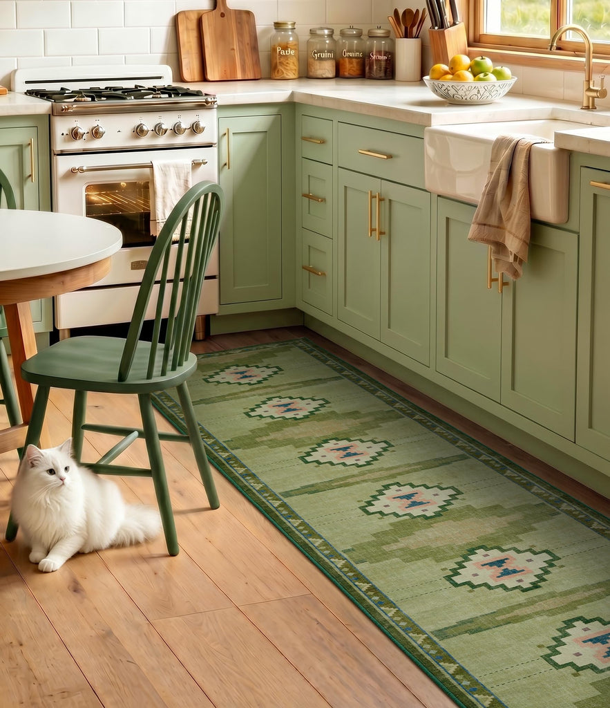 Washable Green Mid Century Modern Runner Rug