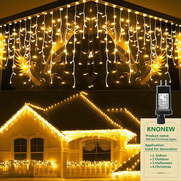 Christmas Lights Outdoor Decorations 400 LED 33ft 8 Modes Curtain Fairy String Light with 75 Drops, Clear Wire LED