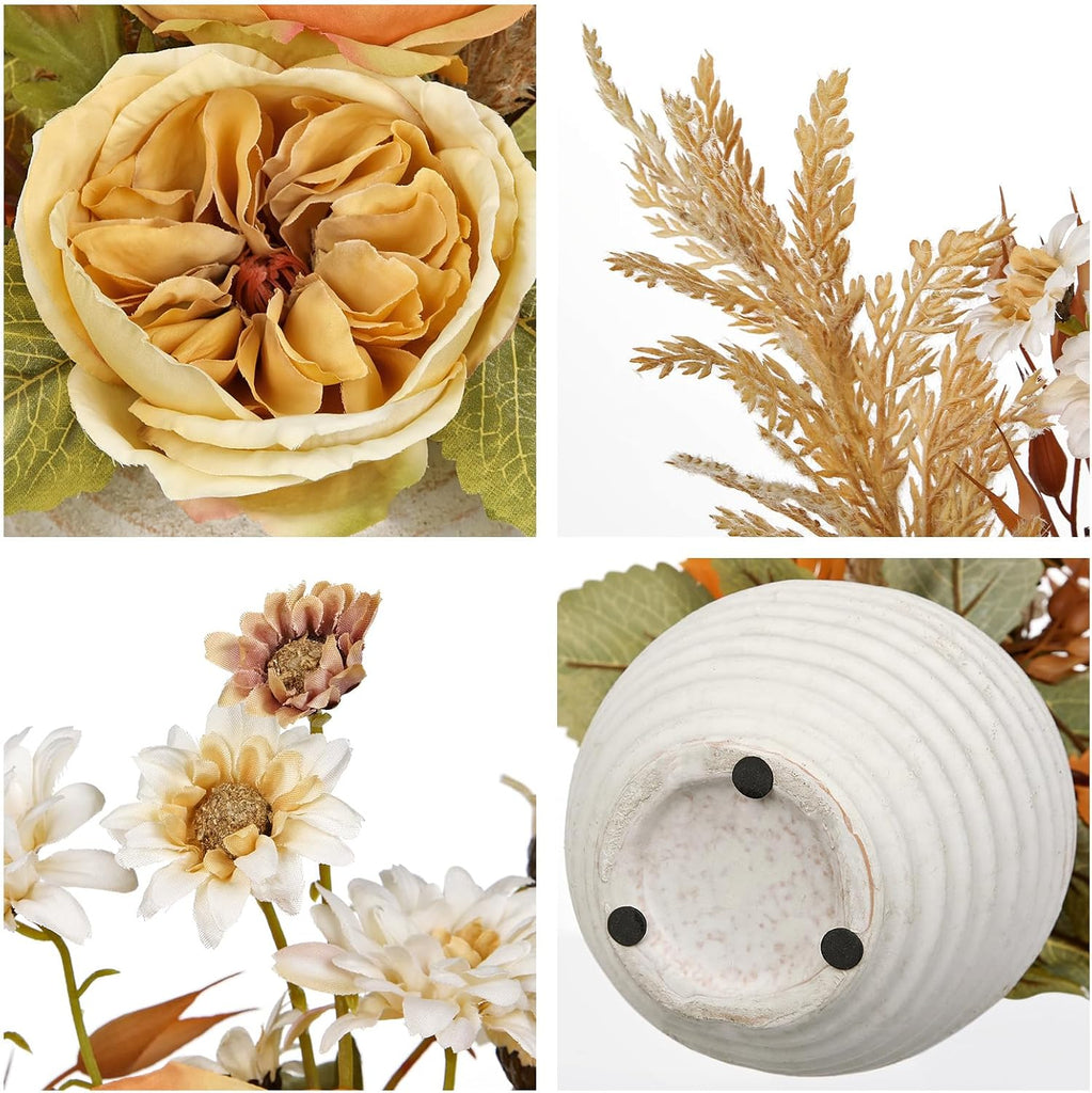 Artificial Fall Floral Centerpiece with Vase, Fake Flowers for Autumn Table Decorations, Silk Rose & Maple Leaves