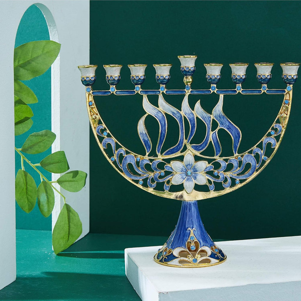 Hand Painted Enamel Candelabra with Flower and Hanukkah