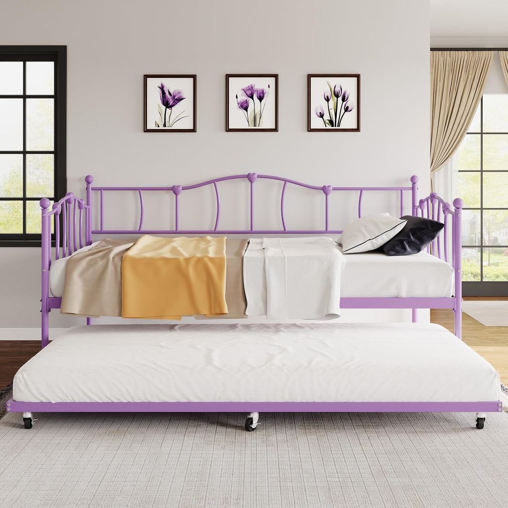 Twin Daybed with Trundle, Metal Sofa Bed Frame with Steel Slat Support, Twin Size Space-Saving Furniture, Love Heart