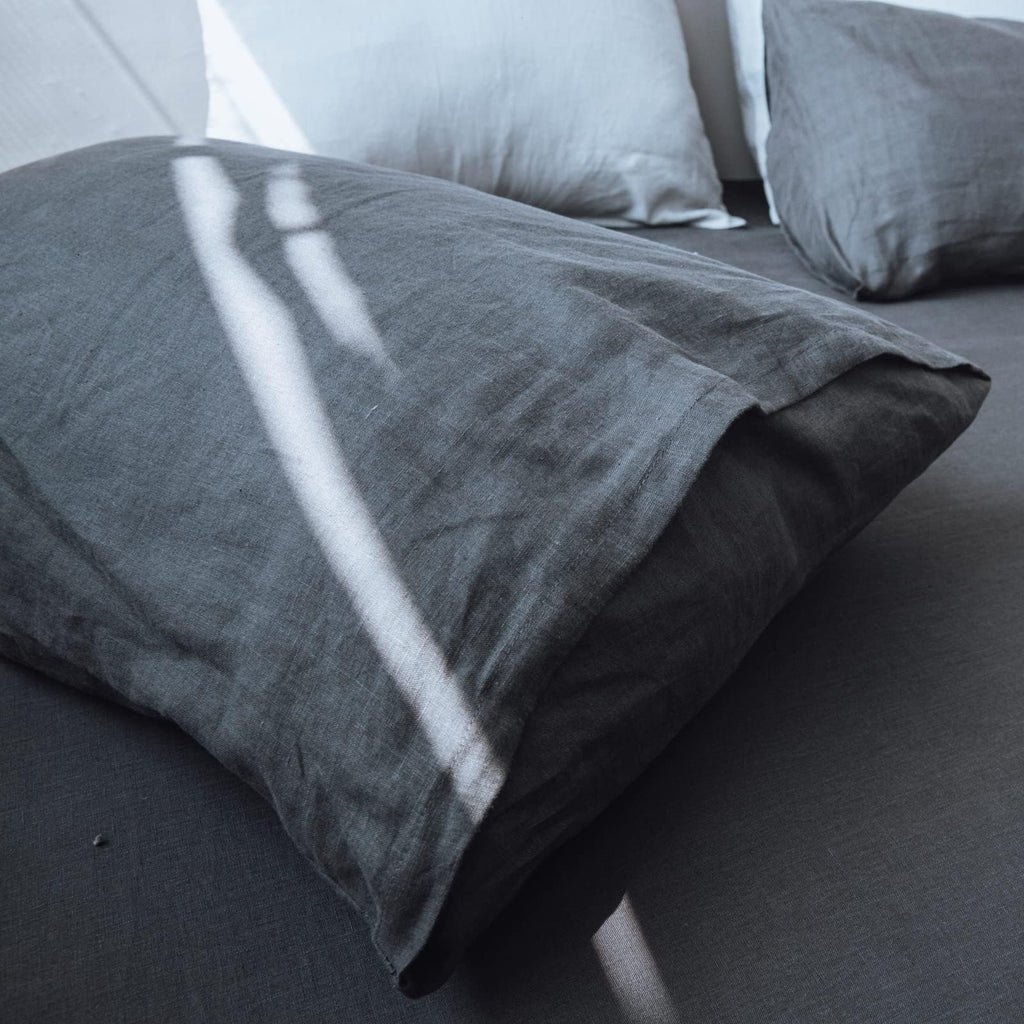 100% Linen Bed Sheet Set, 4 Piece, Queen, Dark Grey