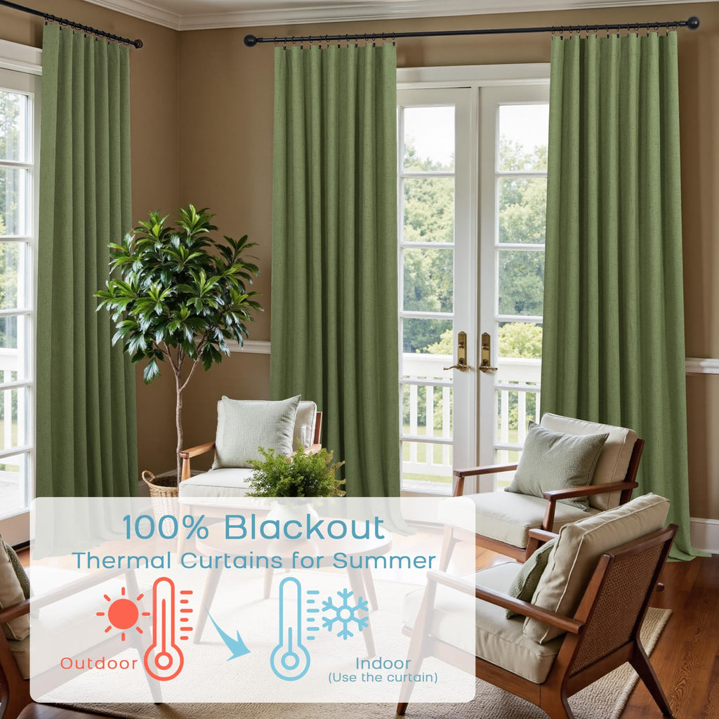 108 Inch Long Olive Green Linen Boho Back Tab Blackout Curtains Living Room 2 Panels Set