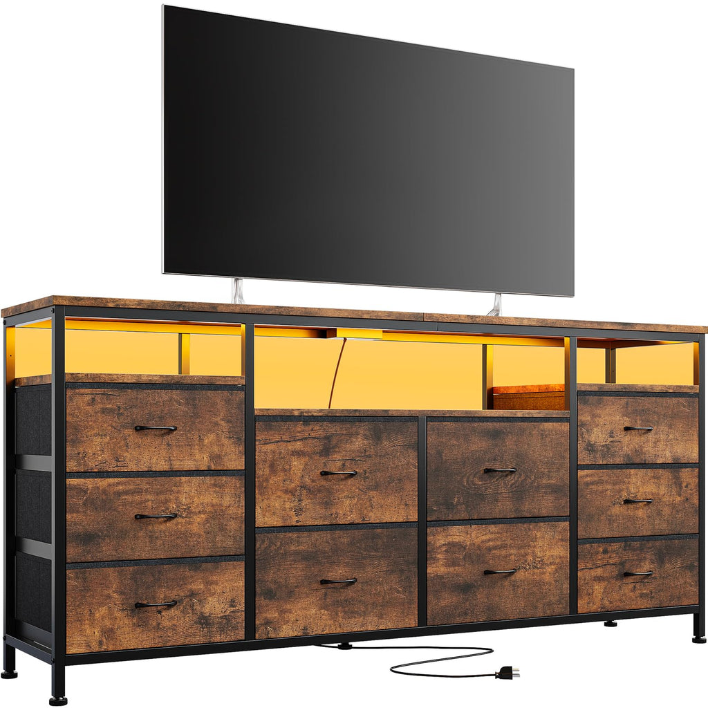 63.3 in Dresser, 10 Drawer Dresser TV Stand for 65 70 75 in TV, Fabric Chest of Drawers with LED Lights & Power