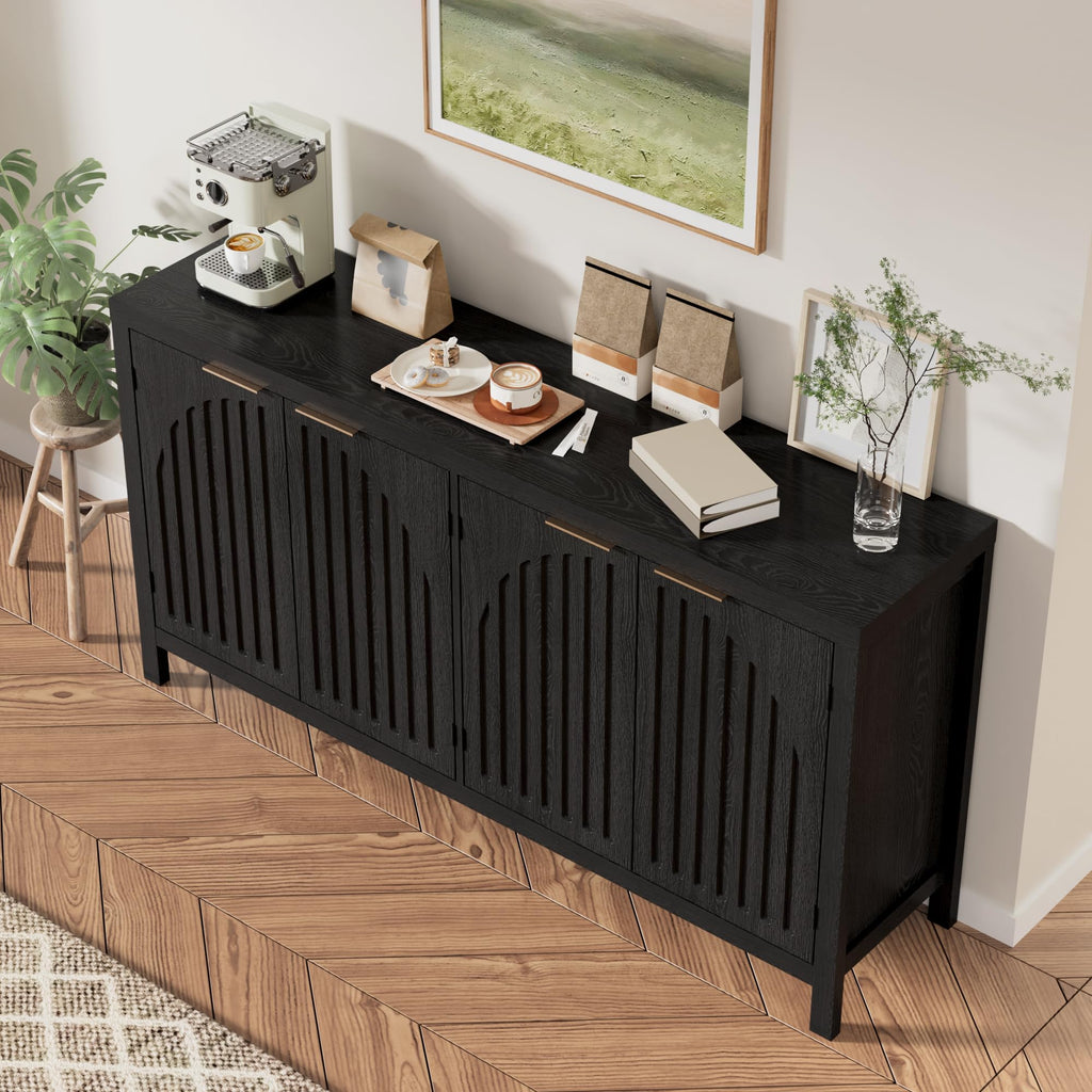 Fluted Sideboard Buffet Cabinet with Storage, 58" Mid Century Modern Accent Cabinet with Arch Doors, Large Wood Media