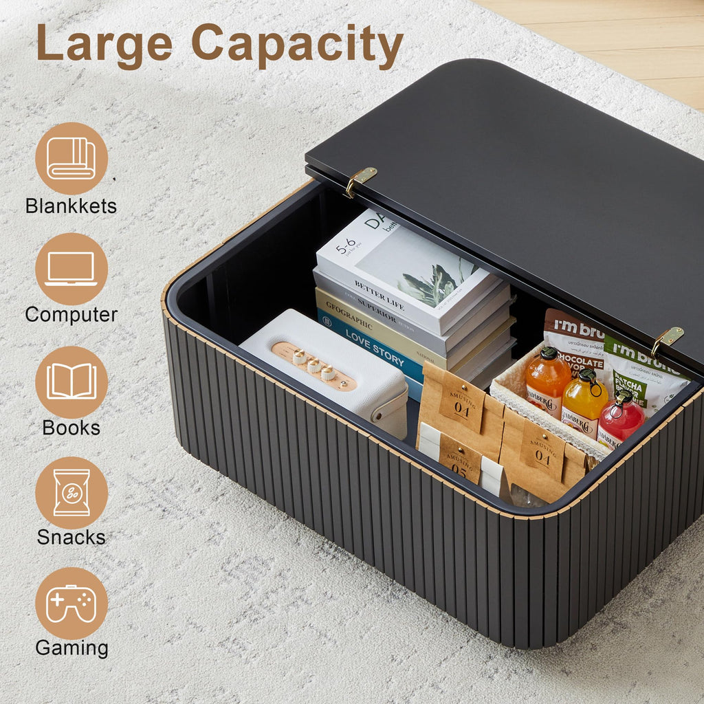 31.5" Square Coffee Table with Storage, Fluted & Floating Base (Black)