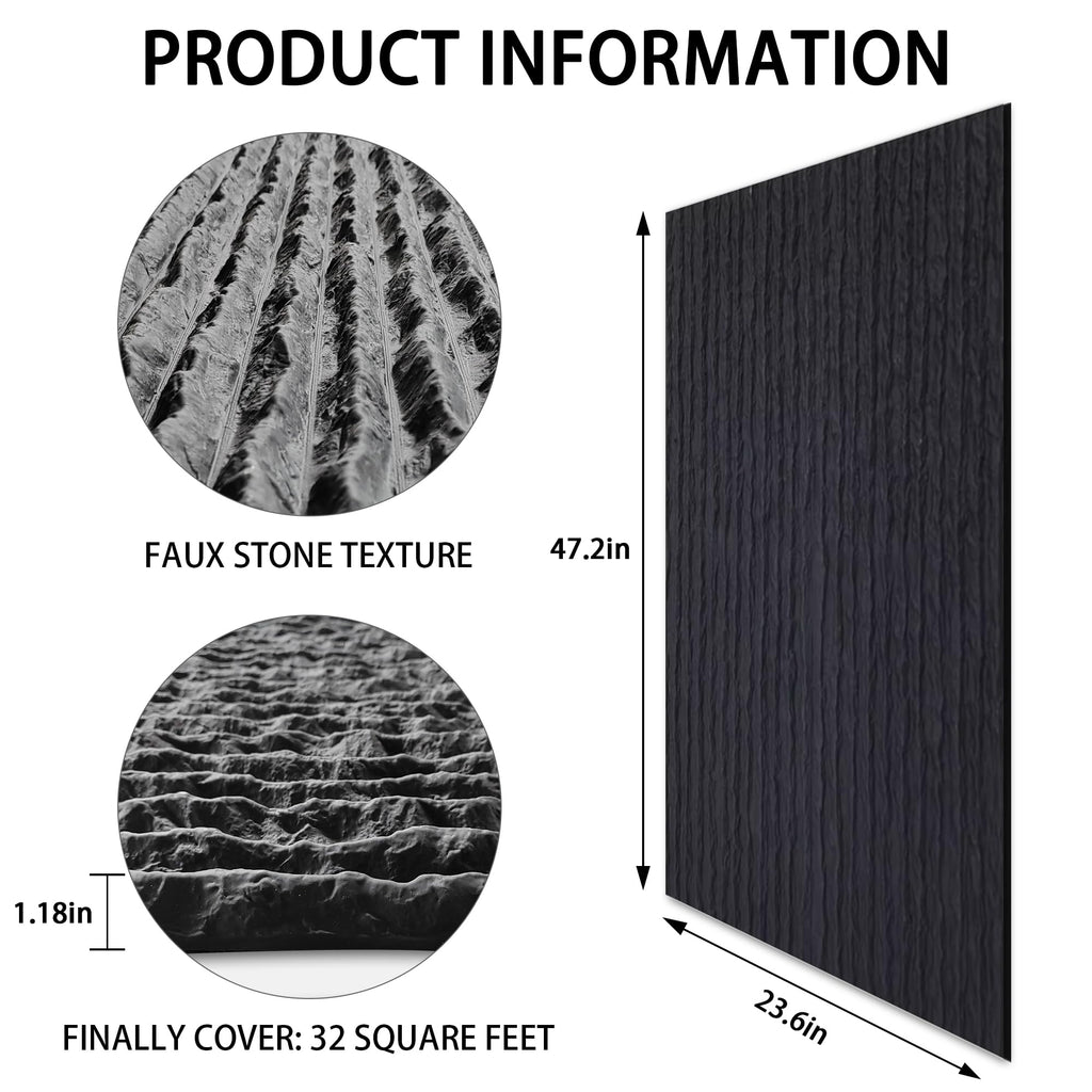 3D Faux Stone PU Wall Panels, 3 Pack Flowstone Black