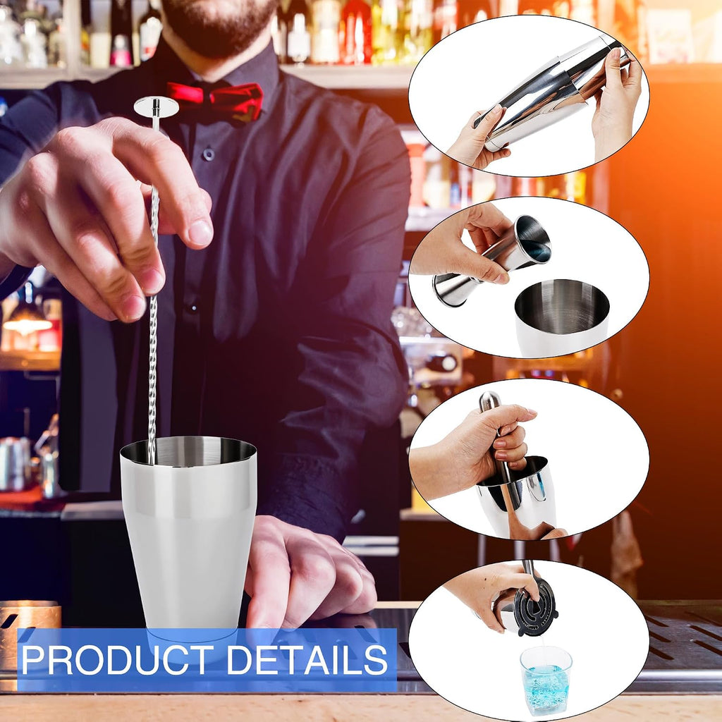 Shaker Set Stainless Steel Cocktail Drink 18 oz&28 oz Shaker Tin with Strainer Jigger Long Spoon Muddler - Set of 24
