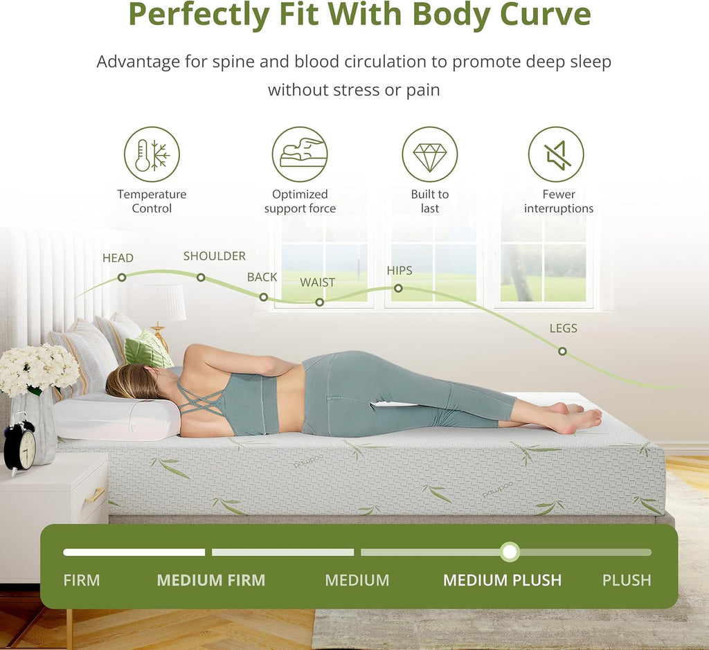 10 Inch Memory Foam Mattress Medium Plush, Queen Mattress, Green | Cooling Green Tea Gel Memory Foam for Pressure