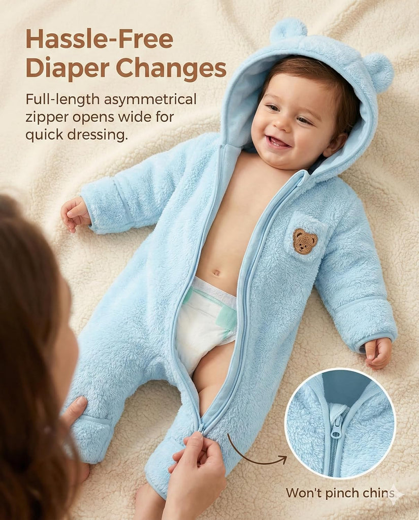 Baby Snowsuit Fleece Bunting - Winter Bear Onesie Warm Hooded Romper with Foldover for Infant Boys Girls