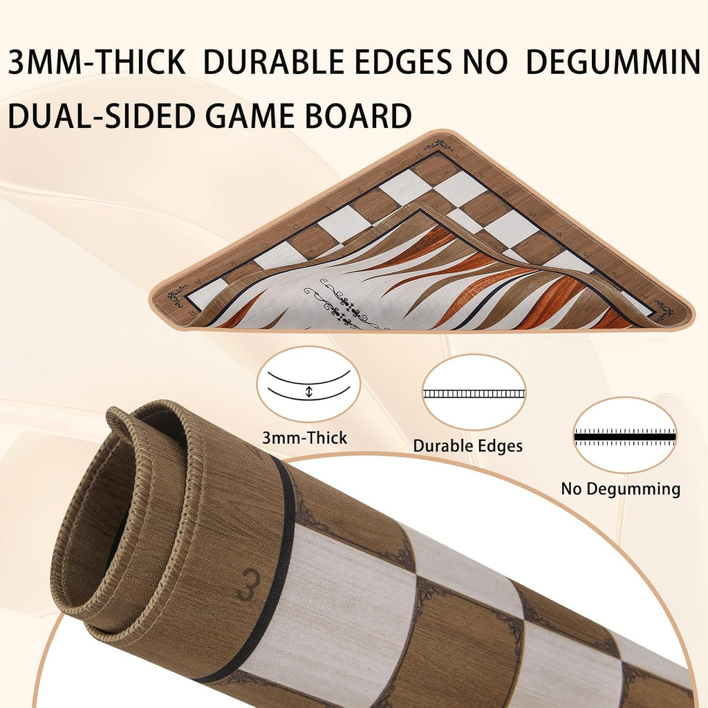15" 3-in-1 Foldable Travel Chess Set Roll-Up Board with Checkers Backgammon