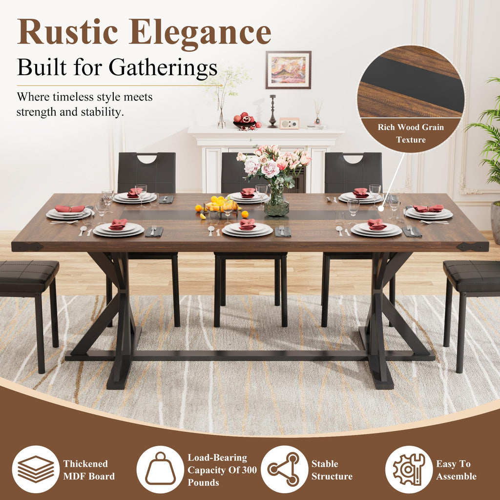 78" Farmhouse Dining Table for 6 8 People, Rectangular Wood Kitchen Dinner Table with Thick Waterproof Tabletop &