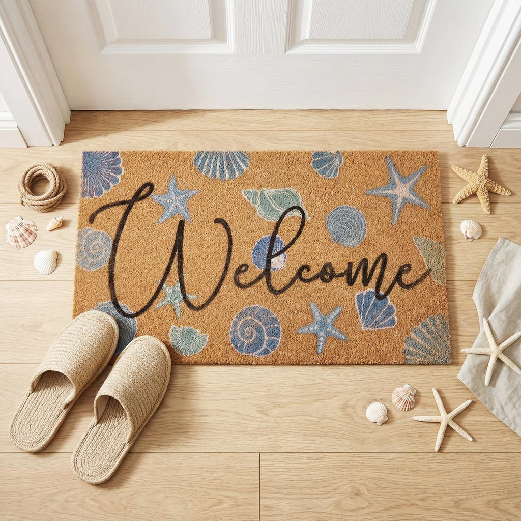Coastal Seashell Welcome Coir Door Mat Outdoor Non-slip, 17" x 30"