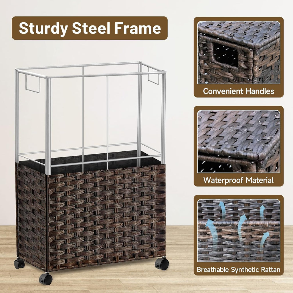 70L Slim Laundry Hamper with Lid & Wheels, Rolling Laundry Basket with 2 Removable Liner Bags & 3 Mesh Bags, Narrow