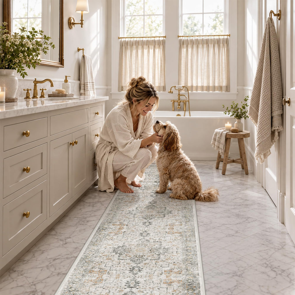 3x14 Washable Runner Rug Non Slip, Gray Beige