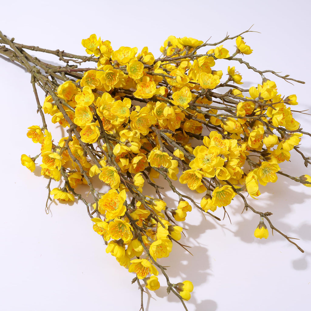 6 PCS Artificial Cherry Blossom Branches Spring Indoor Decoration, Faux Yellow Silk 34.45" Long Stems Real Touch Plum