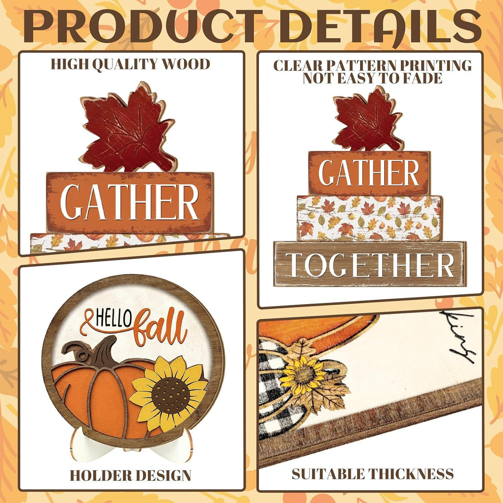 Fall Tiered Tray Decor Set Hello Fall Thanksgiving Wood Sign Pumpkin Sunflower Gnome Farm Truck Wood Bead - Set of 21