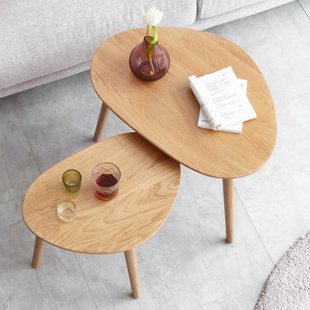 100% Solid Oak Wood Nesting Coffee, Small Oval Coffee Tables Set, Mid Century Modern Round Tables, Pebble Side for