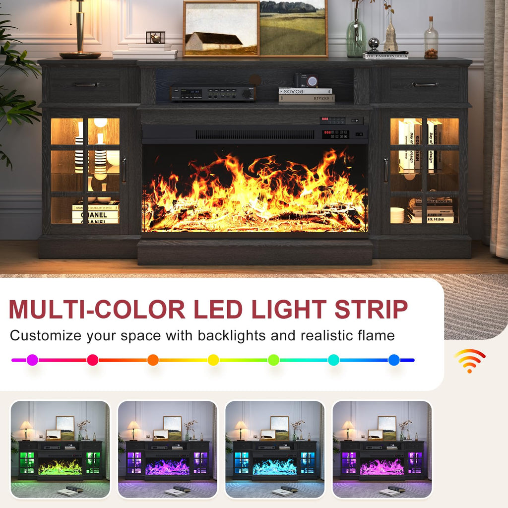 70" TV Stand with 36" Electric Fireplace, Entertainment Center Console Table for TV up to 80'', with Open Storage