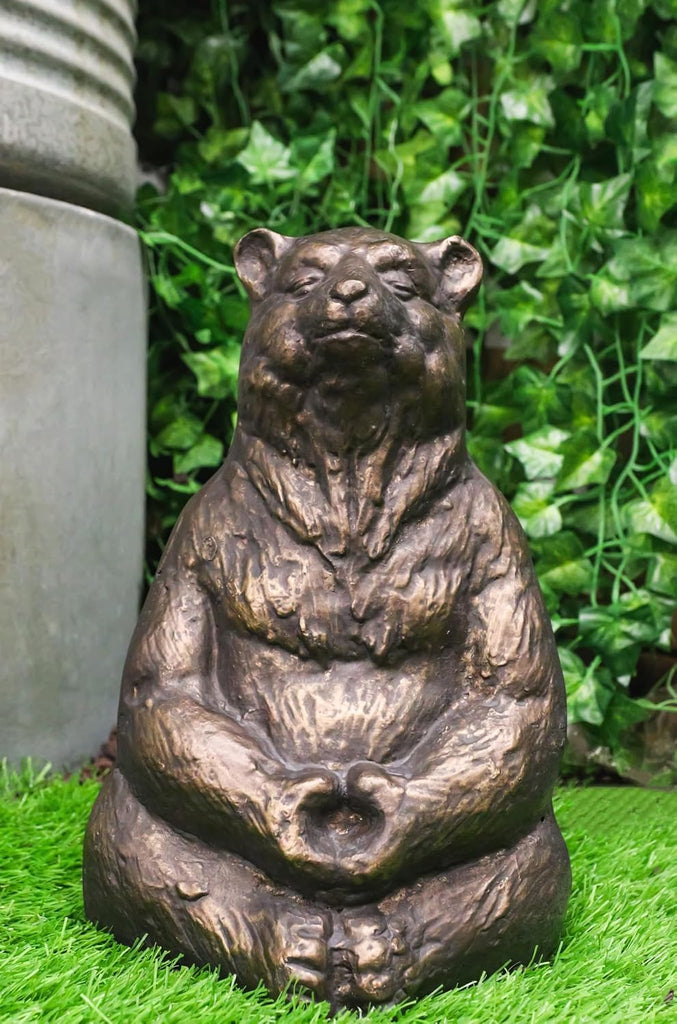 Aluminum Metal Whimsical Meditating Yoga Bear Garden Statue Rustic Wildlife Western Cabin Lodge Zen Bears Decor