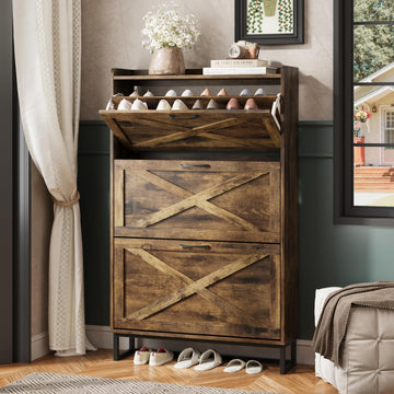 Shoe Storage Cabinet with 3 Flip Drawers, Freestanding Organizer with Metal Legs, Narrow Shoe Rack Cabinet, Rustic