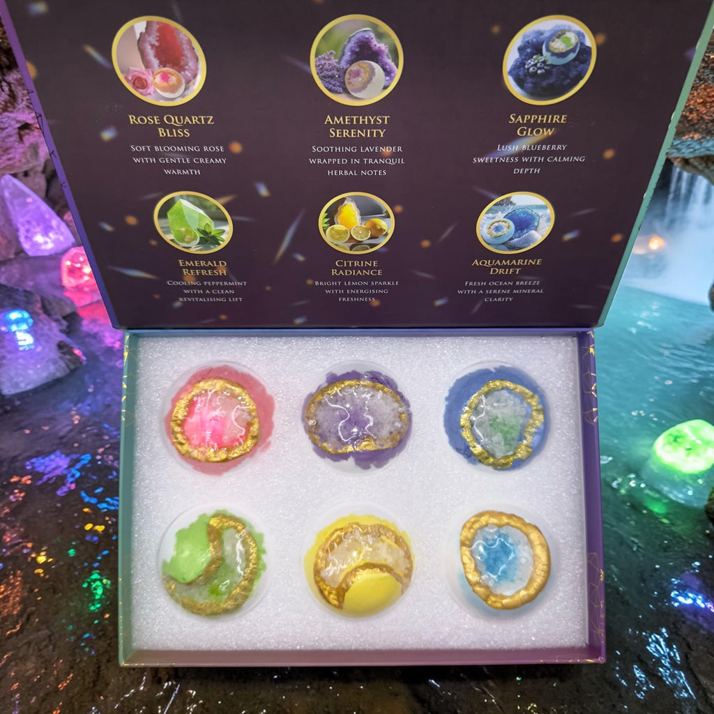Luxury Bath Bomb Gift Set, 6 Large 3.35 oz Crystal Geode Bath Bombs, Scented Spa Fizzers in a Premium Magnetic Gift