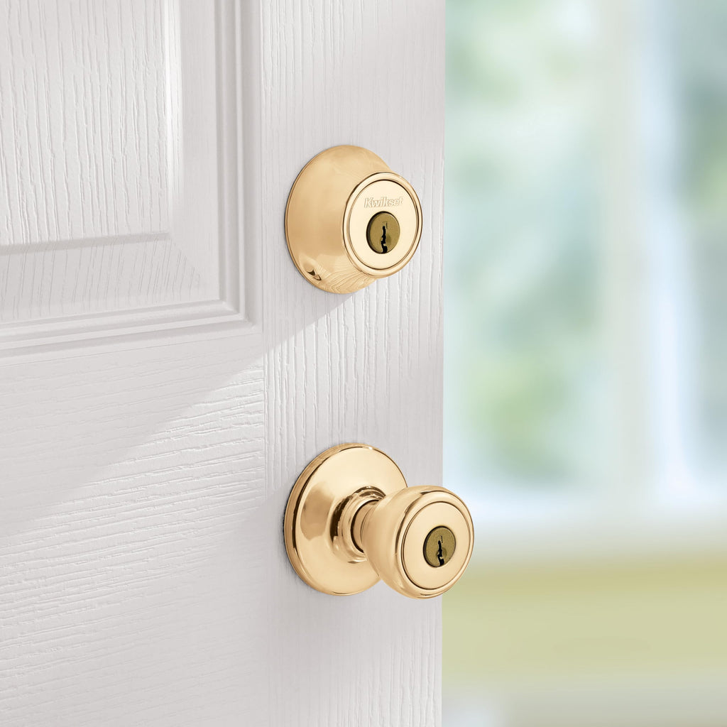 Tylo Front Door Lock Handle and Deadbolt Set, Entry Handleset Exterior with Interior Door Knob, Polished Brass, Pick