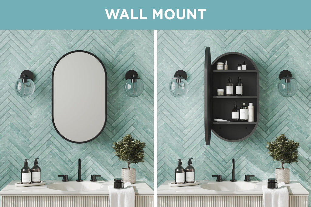 Bathroom Medicine Cabinet with Mirror, Oval Bathroom Wall Cabinet with Rustproof Aluminum Frame, 3 Shelves, Surface