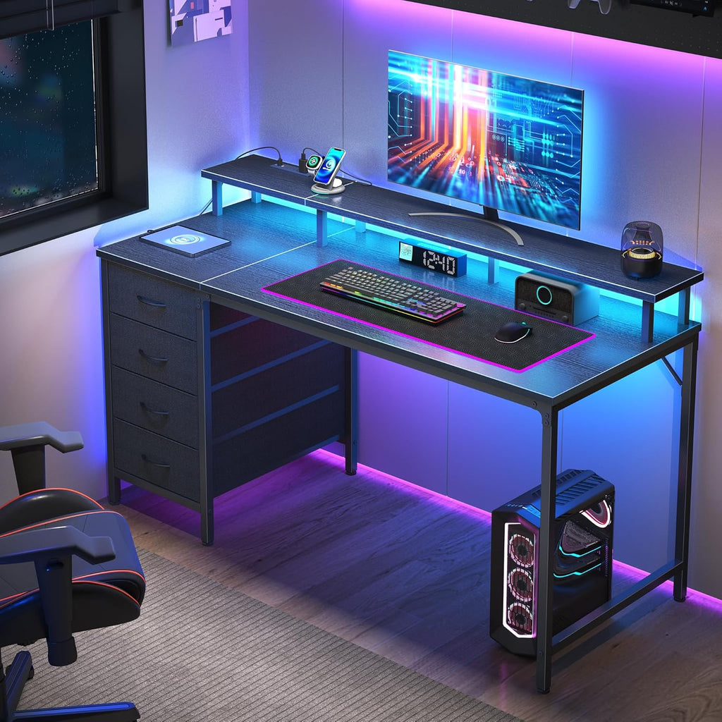 Computer Desk with 4 Drawers, 4 Drawer Gaming Desk with with Power Outlets and LED Lights, Office Desk for Small Spaces