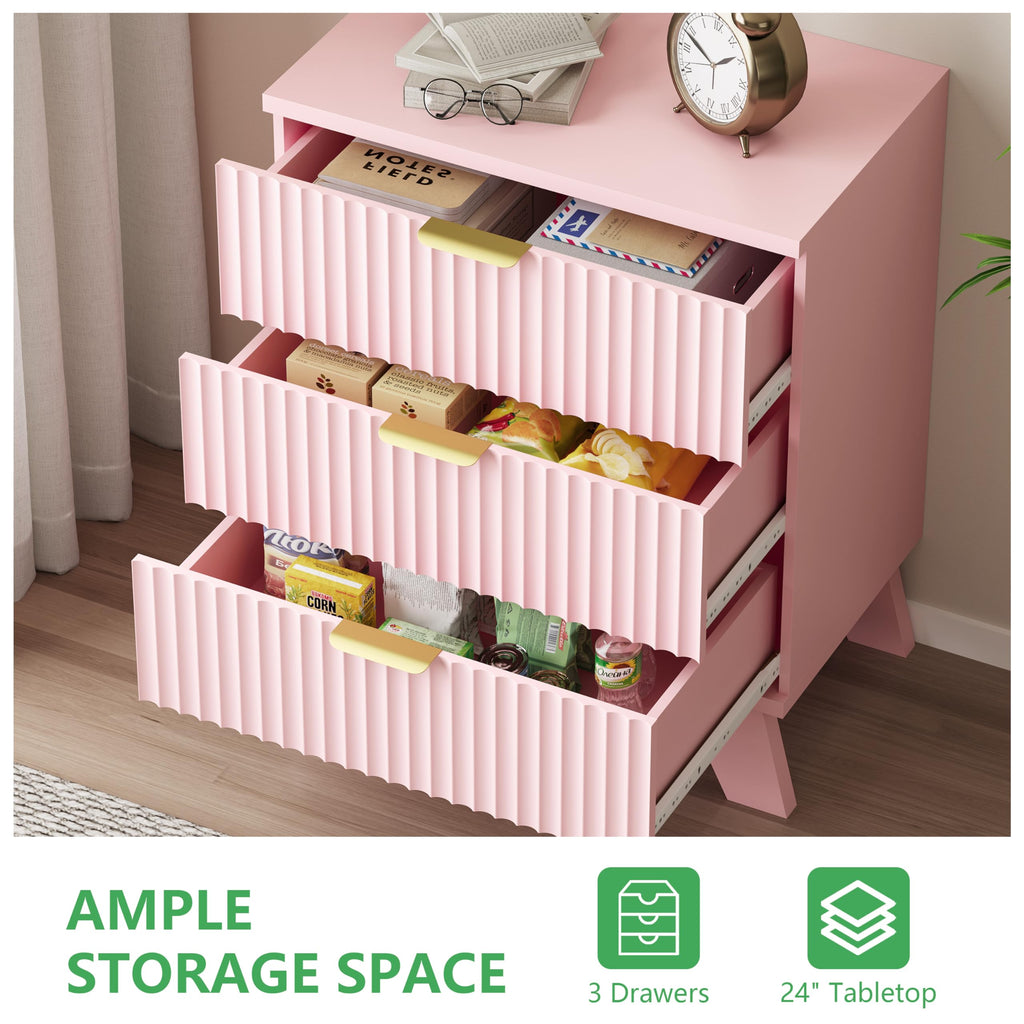 Fluted Dresser with 3 Drawers, 24" Wide Modern Chest of Drawers with Metal Handle, Wooden Dresser TV Stand, Wood