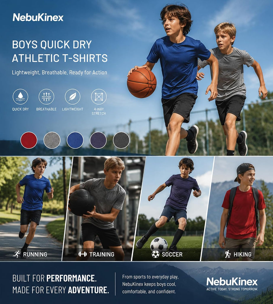 5/6 Pack Youth Boys Athletic Shirts Short Sleeve Quick Dry Active Tops