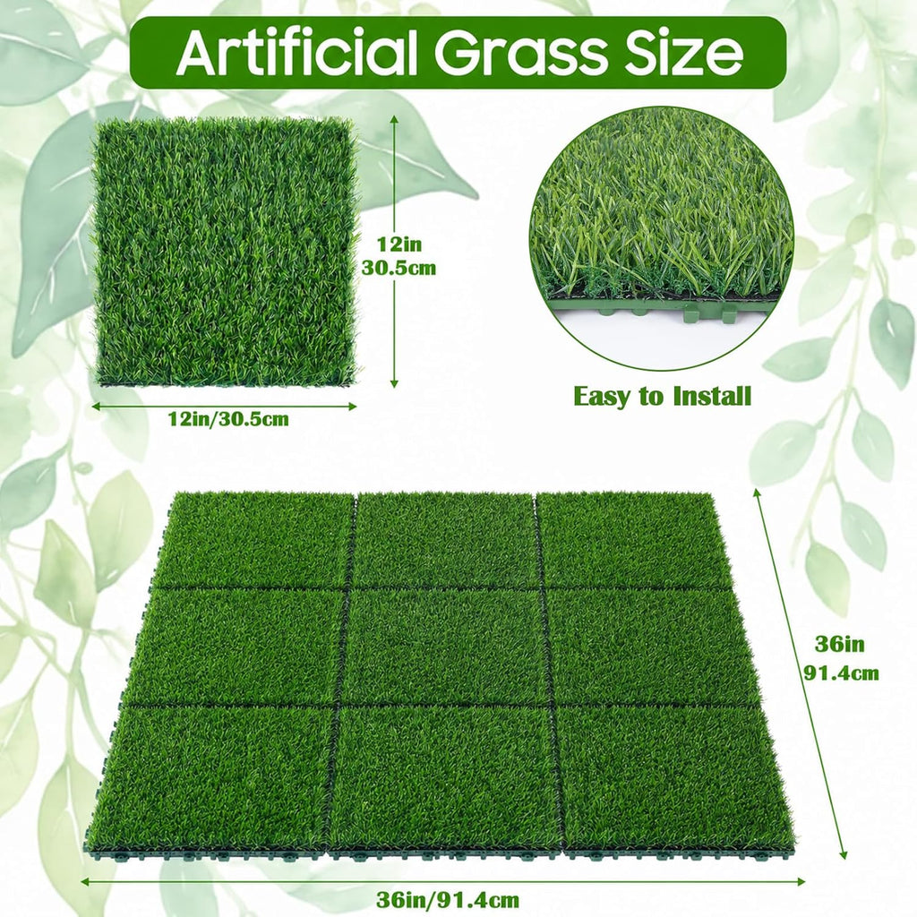 Artificial Grass Interlocking Deck Tiles 9 Pack 12"x12" Fake Turf Grass Outdoor Tiles with Drainage Holes Waterproof