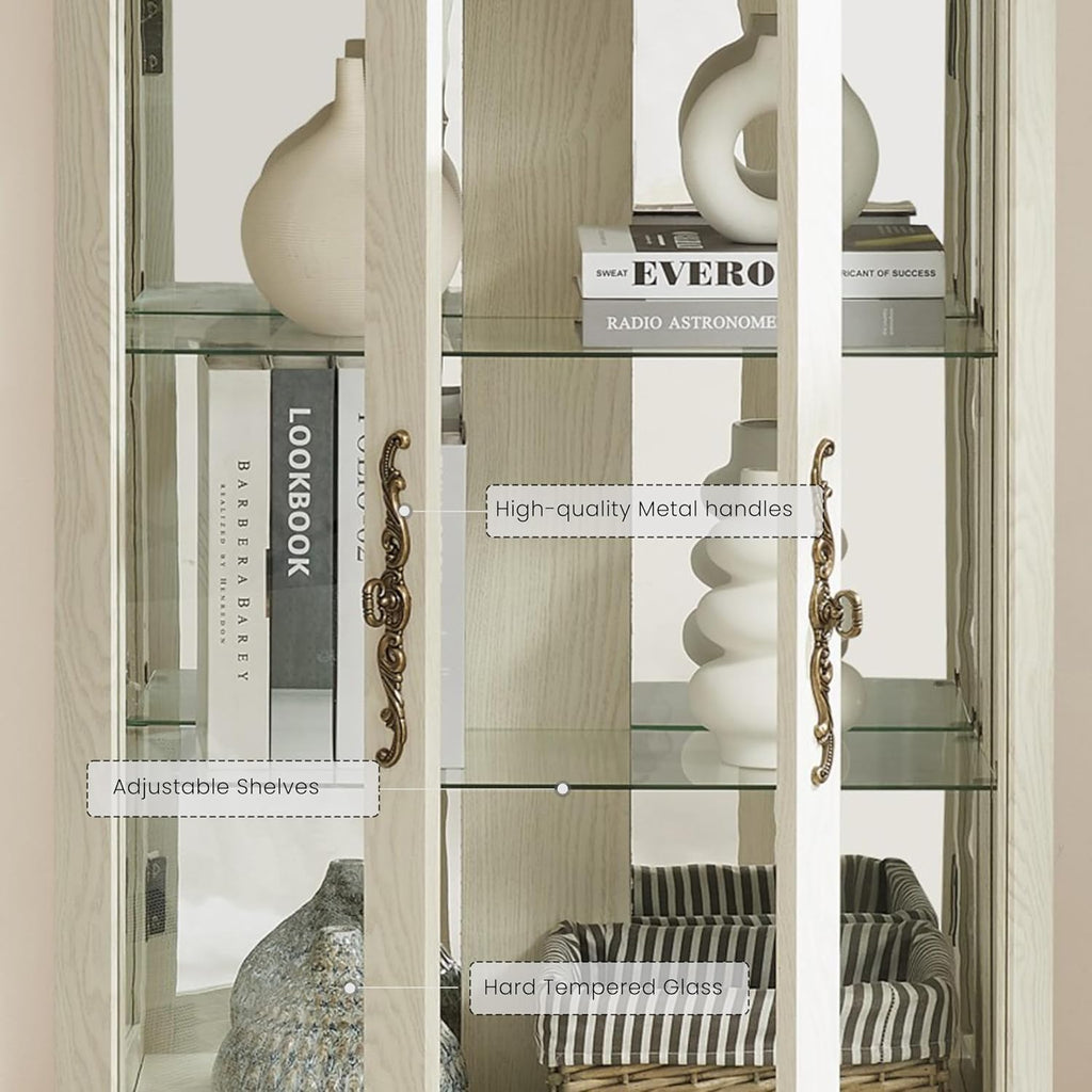 52" Lighted Accent Curio Cabinet, 3-Tier Antique Storage Cabinet with Tempered Glass Adjustable Shelves & Drawer