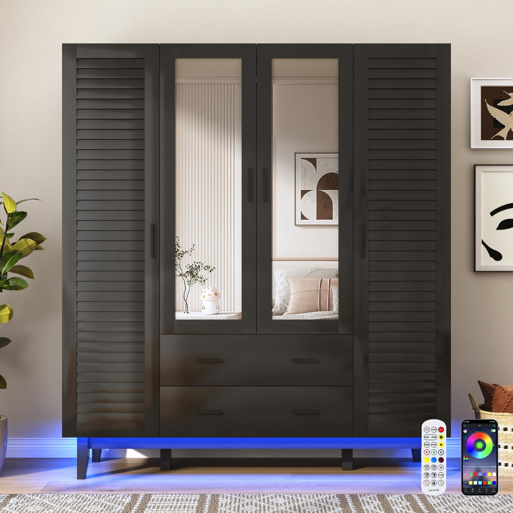 4 Door Armoire Wardrobe Closet Cabinet with Drawers and LED Lights, Multi-Tier Shelves, Hanging Rod & Louver Doors