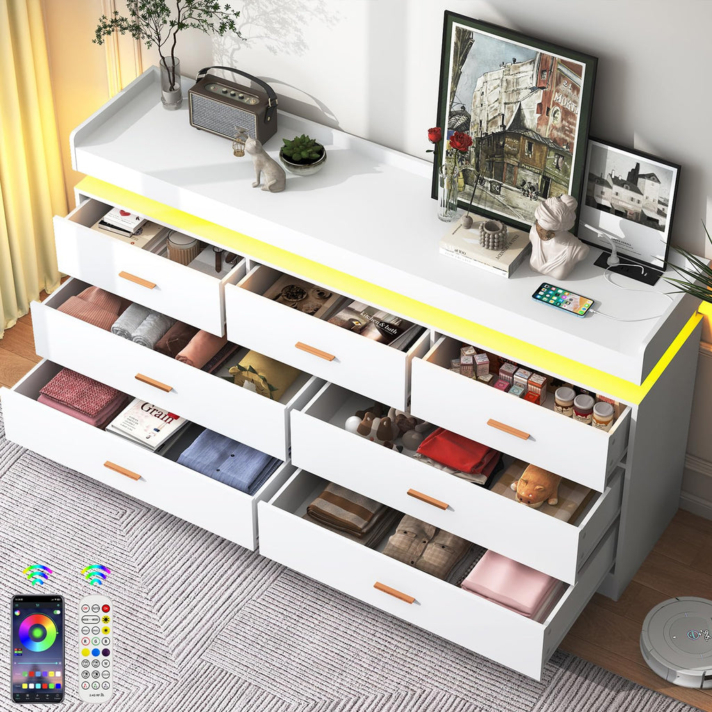 7 Drawer Dresser with Charging Station and LED Lights, Modern Chest of Drawers with Power Outlet, Organizer Cabinet