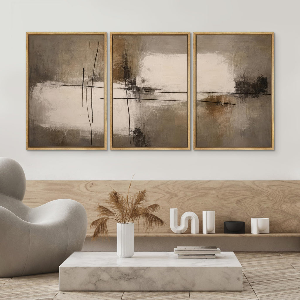 Framed Canvas Print Wall Art Set Modern Neutral Abstract Lines Minimalist Taupe and Black Geometric Illustrations