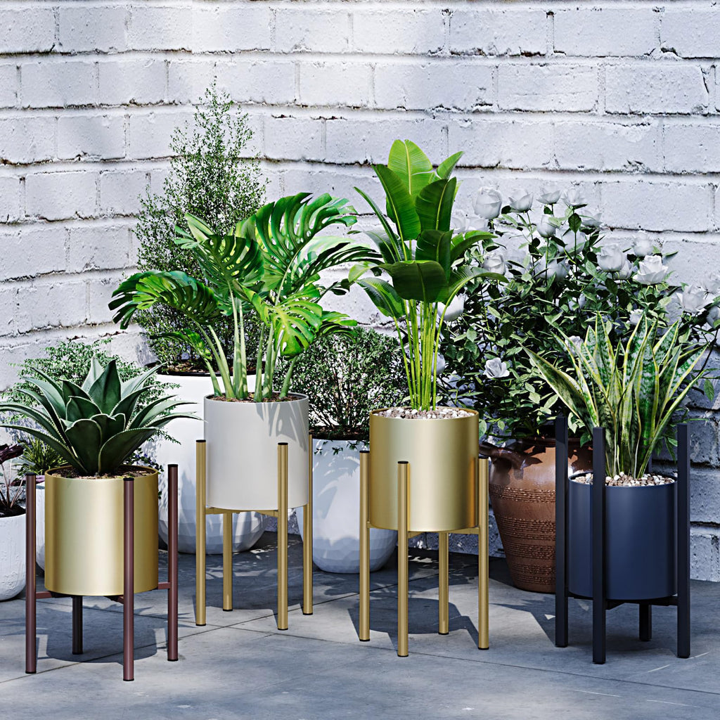 Adjustable Metal Plant Stand Indoor, Fits 8-14 Inch Pots, Mid Century Modern Gold Planter Holder, 2 Heights, Heavy
