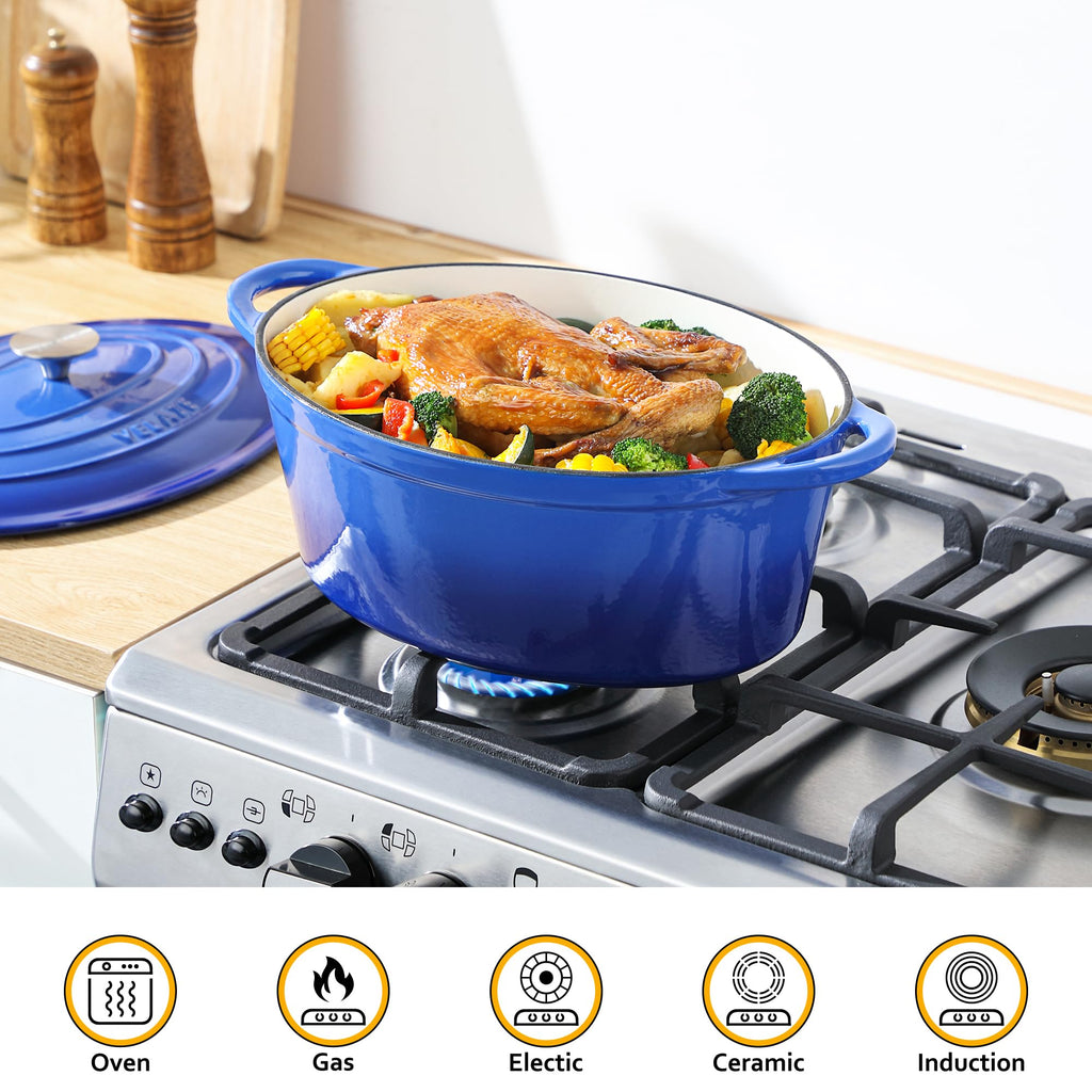 7.5 QT Oval Enameled Cast Iron Dutch Oven Pot with Lid,Blue