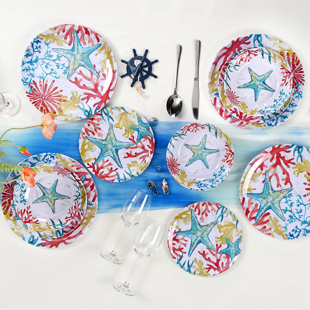 Melamine Dinnerware Set for 4 - 12-Piece Starfish Coral Design Plates and Bowls, Ocean Dishes set, Unbreakable Dinner