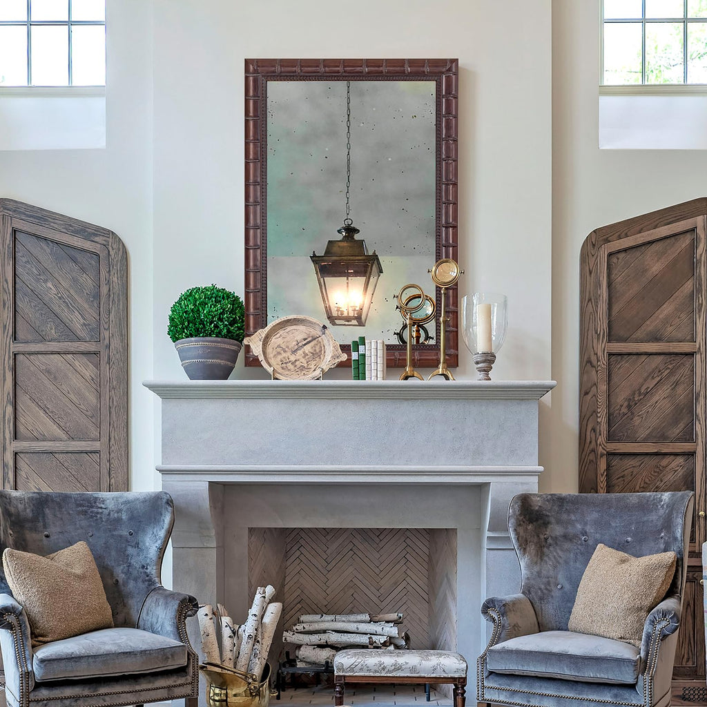 Vintage Bronze Mirror, 39'' x 27'' Solid Wood Mirror Frame with Bamboo-Joint Design, Decorative Wall Mirrors