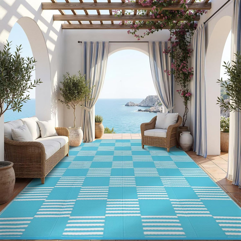 Waterproof Outdoor Rug 6x9, Checkered Foldable Plastic Straw Patio Camping Rug, Outdoor RV Carpet for Deck Camper