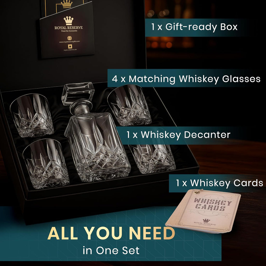 Whiskey Decanter Set for Men, Crystal Bourbon Decanter 24 oz with 4 Glasses - Set of 5