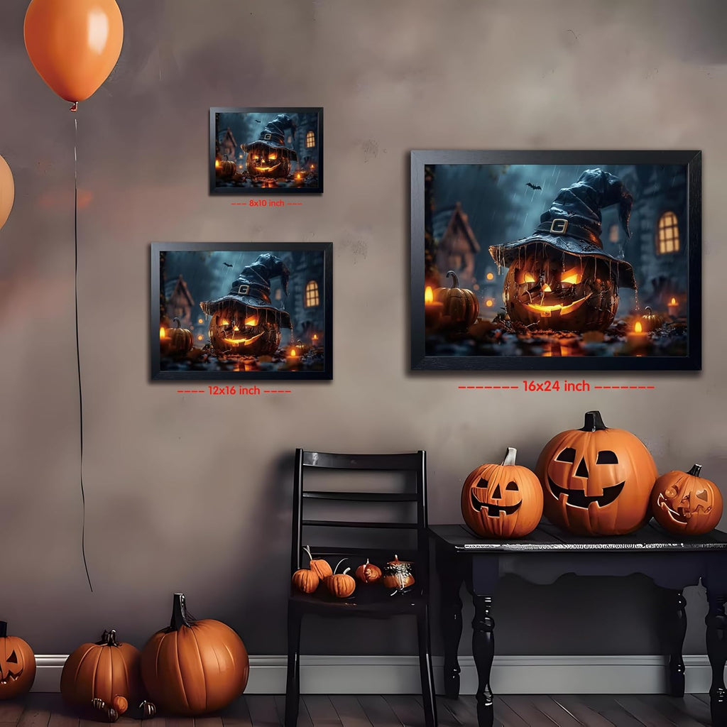 Wood Framed Dark Halloween Pumpkin Wall Art, Gothic Witch Hat Jack-o'-Lantern Canvas Print, Dark Academia Spooky