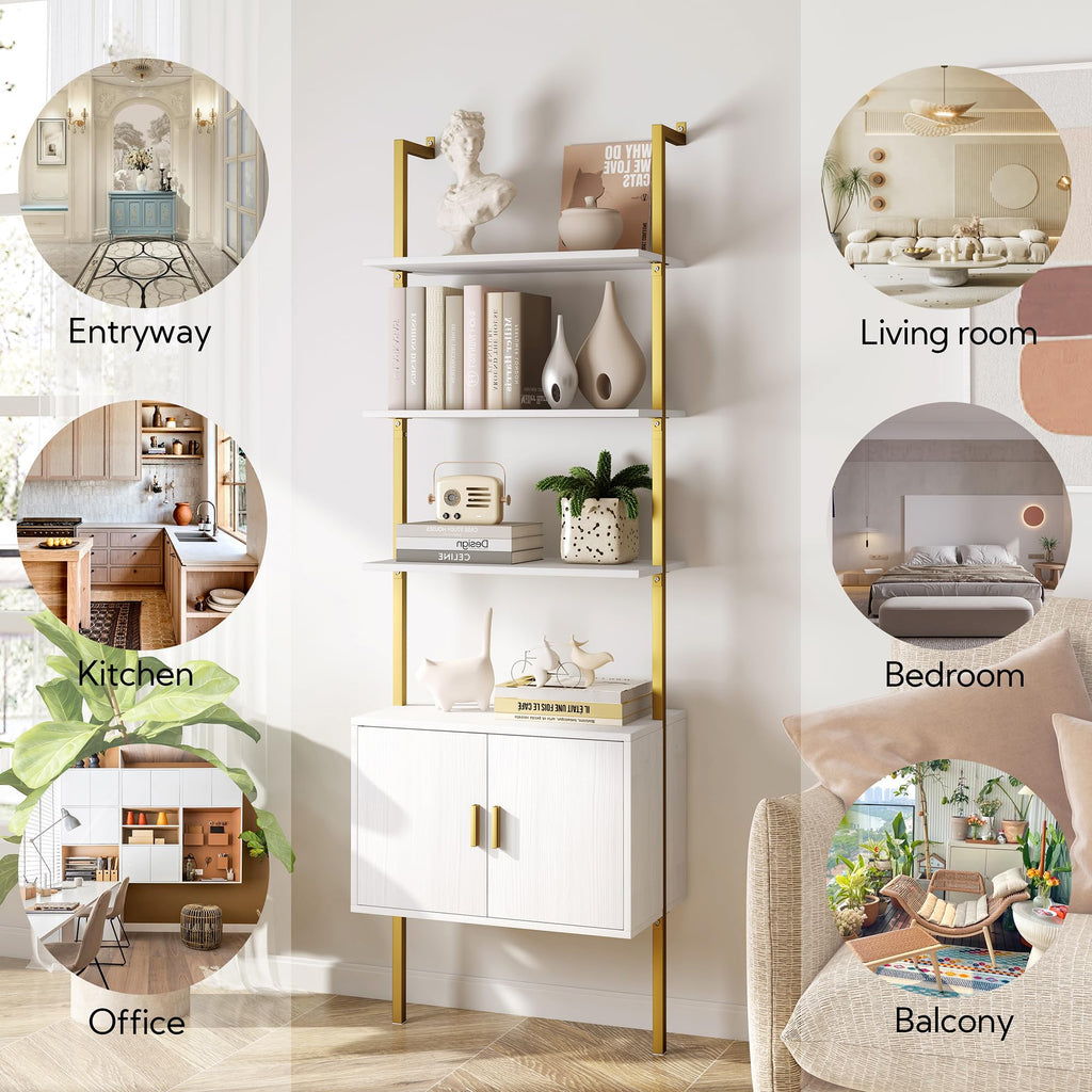 73" Tall Bookshelf with Cabinet, Industrial Ladder Wall Mount Shelf Bookcase with Wood and Metal Frame, Plant Shelf