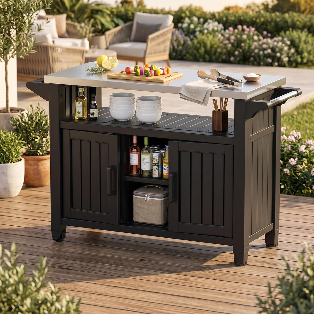 Outdoor Storage Cabinet, Patio Storage Table, Bar Table with Wheels, Outdoor Bar Cart, Poolside and Backyard, Standard